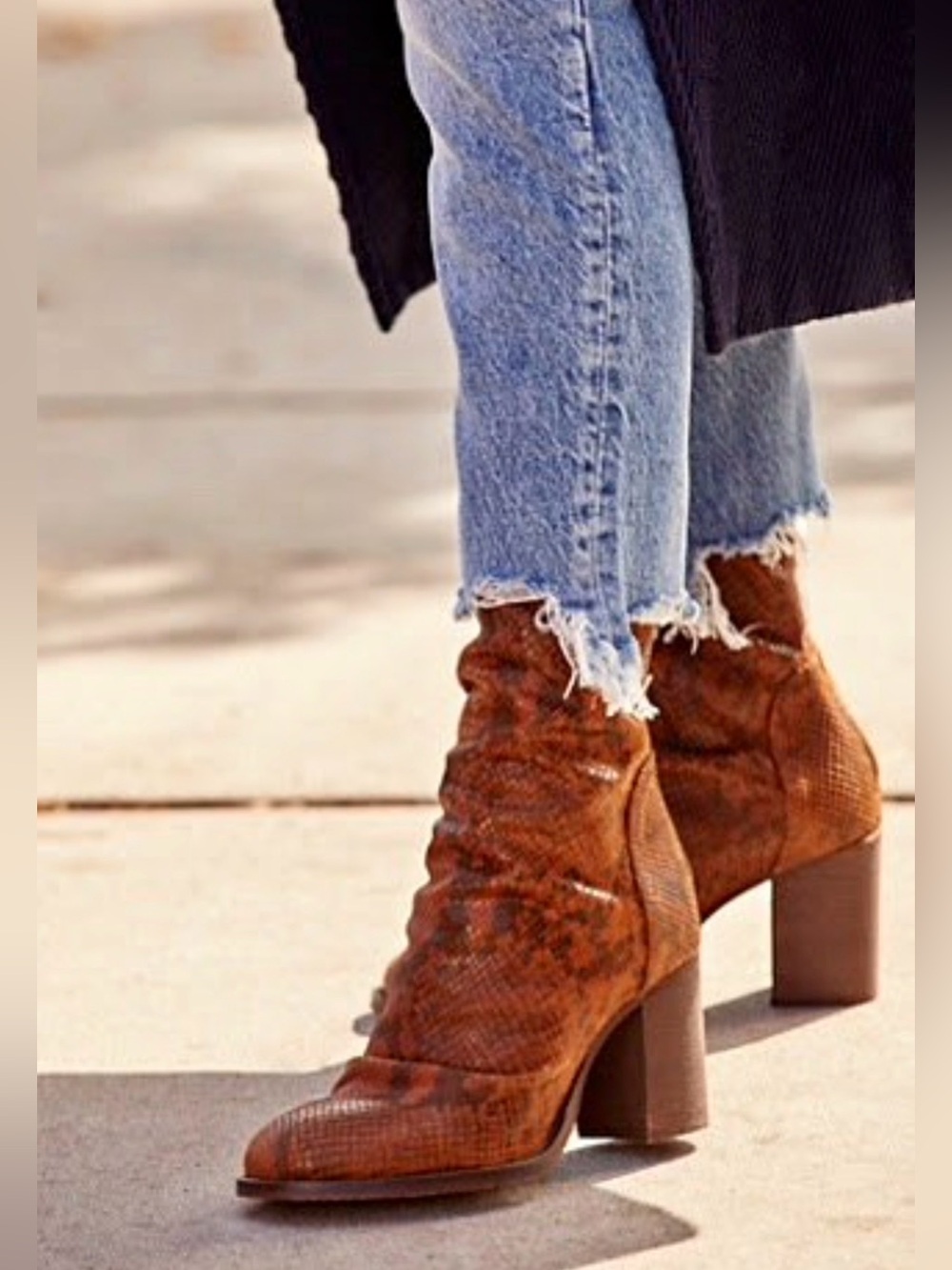 Free People Cognac Textured Block Heel Ankle Boots